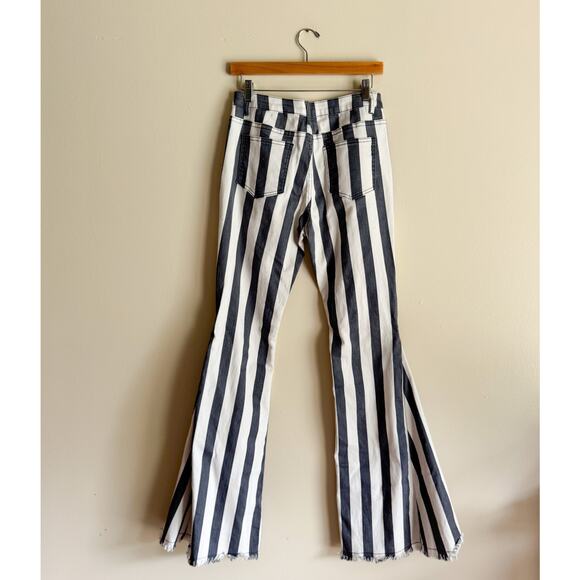 Saints & Hearts Blue + White Stripe Bell Bottom Flare Frayed Hem Jeans - Large - Picture 8 of 10